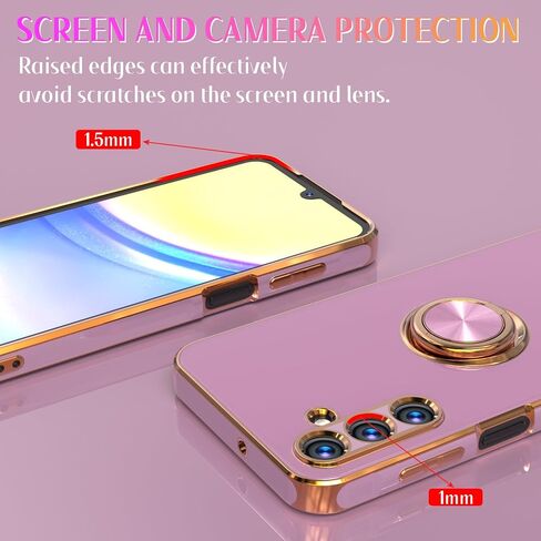 Samsung Galaxy A15 5G Case, Plated Gold Edge Soft TPU Slim Fit Cellular Phone Case, Purple, with Tempered Glass Screen Protector & Ring Magnetic Kickstand in Saudi Arabia