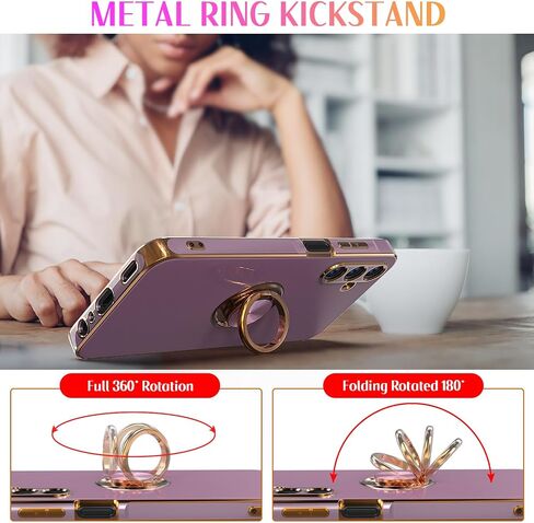 Samsung Galaxy A15 5G Case, Plated Gold Edge Soft TPU Slim Fit Cellular Phone Case, Purple, with Tempered Glass Screen Protector & Ring Magnetic Kickstand in Saudi Arabia