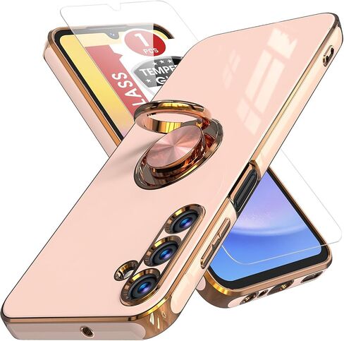 Samsung Galaxy A15 5G Case, Plated Gold Edge Soft TPU Slim Fit Cellular Phone Case, Purple, with Tempered Glass Screen Protector & Ring Magnetic Kickstand in Saudi Arabia