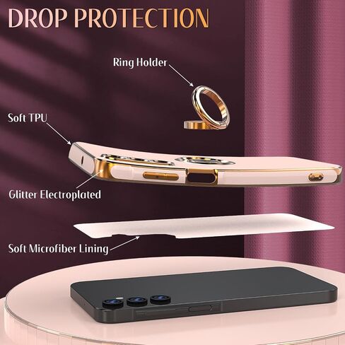 Samsung Galaxy A15 5G Case, Plated Gold Edge Soft TPU Slim Fit Cellular Phone Case, Purple, with Tempered Glass Screen Protector & Ring Magnetic Kickstand in Saudi Arabia