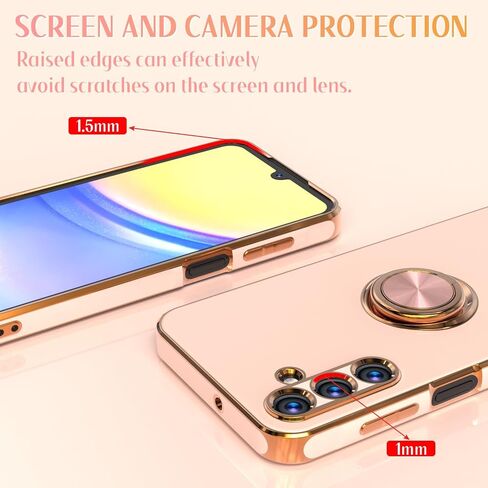 Samsung Galaxy A15 5G Case, Plated Gold Edge Soft TPU Slim Fit Cellular Phone Case, Purple, with Tempered Glass Screen Protector & Ring Magnetic Kickstand in Saudi Arabia