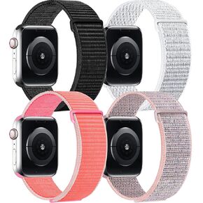4 Pack Nylon Sport Band Compatible with Apple Watch Band 38mm 40mm 41mm Women Men, Adjustable Stretchy Solo Loop Strap for iWatch Series Ultra/SE/9/8/7/6/5/4/3/2/1, Black/White/Pink/Pomegranate