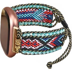 Retro Boho Braided Nylon Band Compatible with Fitbit Versa 3/ Versa 4/ Sense 2/ Fitbit Sense Bands Women Men, Handmade Soft Nylon Beaded Strap Wrap Bracelets Jewelry Wristband for Versa Smart Watch