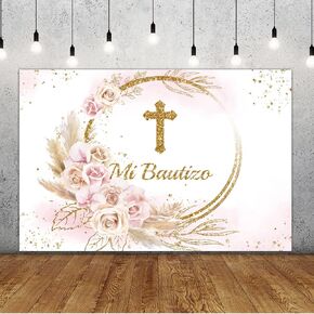 Lofaris Mi Bautizo Backdrop God Bless Ceremony Boho Floral Pampas Grass Gold Ring First Holy Communion Golden Glitter Baptism Photography Background Party Decoration Banner Photo Booth Prop 5x3ft