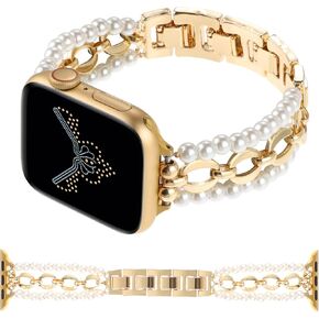 Pearl Beaded Bracelet Compatible with Apple Watch Band 38mm 40mm 41mm 42mm 44mm 45mm 49mm,Jewelry Wristband Stylish Chain Cute Strap for iWatch Series 9 8 7 6 5 4 3 2 1 SE Ultra for Women
