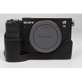 A7C Case, BolinUS Handmade Genuine Real Leather Half Camera Case Bag Cover for Sony Alpha A7C Bottom Opening Version + Hand Strap (Coffee)
