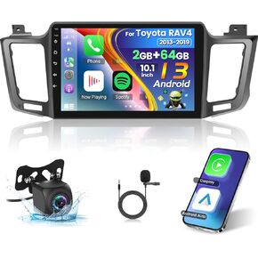[2G+64G] Car Radio for Toyota RAV4 2013-2019 - 10.1 inch Touchscreen Android 13 Stereo - Wireless Carplay & Android Auto/Mirror Link/EQ/WiFi/GPS/SWC + AHD Backup Camera + Mic