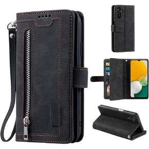 UEEBAI Wallet Case for Samsung Galaxy A13/A04s, Retro 9 Card Holder Slots Zipper Pocket Handbag Case PU Leather Magnetic Closure Kickstand with Wrist Strap TPU Flip Case for A13 5G/4G - Wine Red