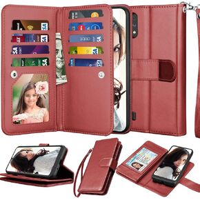 NJJEX Galaxy A01 Cell Phone Case, Wallet Folio with 9 Card Slots, PU Leather, Magnetic Phone Cover & Lanyard, Wine Red