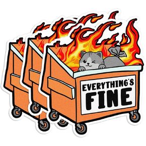 Set 3PCS - Dumpster Fire Meme Sticker Funny I'm Fine Everything is Fine Sarcastic 2" Water Assistant, Vinyl Waterproof Die-Cut Sticker for Laptop, Water Bottle, Hard Hat, Helmet, Car, Phone (2 inches)
