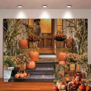 Autumn Pumpkin Photography Backdrop Fall Thanksgiving Fall Wooden Floor Barn Harvest Friendsgiving Backdrop Autumn Photo for Kids Parties Family Portrait Wall Background 7x5FT
