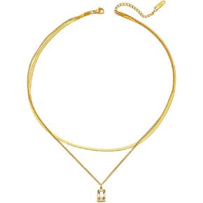 Layered Gold Necklace for Women, 14k Gold Plated, Trendy Natural Stone Moon Star Pendant Choker Necklace for Girls