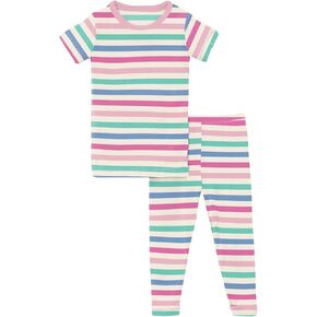 KicKee Pants Print Short Sleeve Pajama Set, Ultra Soft and Snug Fitting PJs (Skip To My Lou Stripe - 5 Years)