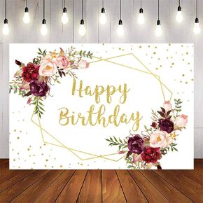 Avezano Floral Happy Birthday Backdrop for Women Burgundy Flowers Birthday Background Lady Woman Birthday Party Cake Table Decorations Photoshoot Banner(7x5ft)