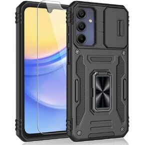 for Samsung Galaxy A15 5G Case, Shockproof Phone Case & Sliding Camera Cover & Ring Holder Kickstand with Screen Protector for Samsung Galaxy A15 5G (6.5", 2024) [Black]