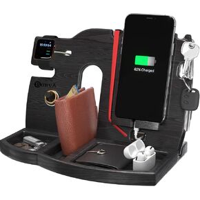 BarvA Gifts for Men Dad Birthday Ideas Wood Docking Station Phone Nightstand Organizer Table Charging Dock Multi Watch Charging Stand Wallet Key Gadget Device Bedside Holder Bedroom Desk Accessories