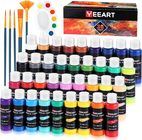 50 Colors Acrylic Paint, Yeeart Acrylic Paint Set with 5 Brushes & Palette, 2oz Bottles, Rich Pigmented, Water Proof, Premium Non-toxic Paints for Artists, Kids & Adults, Art Supplies for Canvas Painting Rocks Wood Ceramic in Saudi Arabia