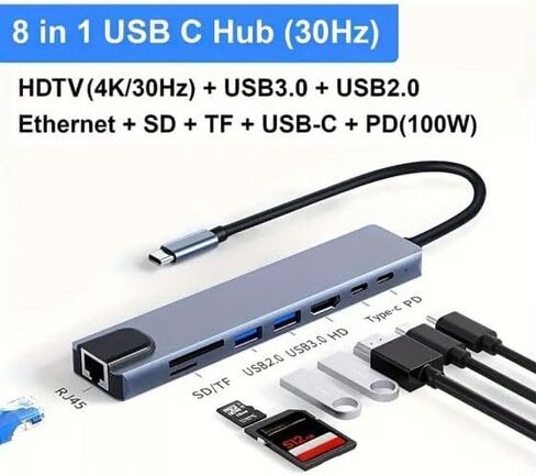 GENERIC USB C HUB, 8 in 1 USB C Adapter with 4K HDMI, 100W PD, USB C Port, USB 3.0, RJ45 Ethernet, SD/TF Card Reader, Docking Station Compatible with Type C Devices, GREY in Saudi Arabia