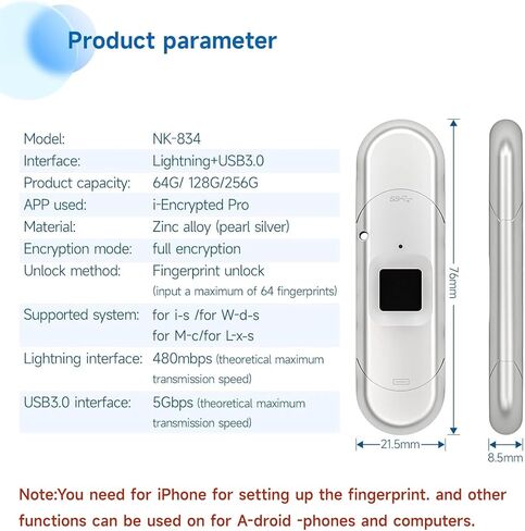 محرك أقراص USB مشفر 256/128/64 جيجابايت، محرك فلاش بصمة الإصبع، قرص U آمن 3 في 1 محمي بكلمة مرور، شريحة ذاكرة للصور لأجهزة iPhone Android/PC المحمولة (128 جيجابايت) in Kuwait