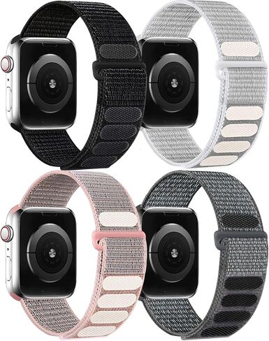 4 قطع من حزام النايلون الرياضي المتوافق مع سوار ساعة Apple مقاس 38 مم 40 مم 41 مم للنساء والرجال، حزام حلقة منفرد قابل للتعديل لسلسلة iWatch Series Ultra/SE/9/8/7/6/5/4/3/2/1، أسود/أبيض/ الوردي / الرمان in Saudi Arabia