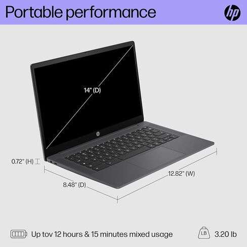 كمبيوتر محمول HP Chromebook مقاس 14 بوصة، شاشة عالية الدقة، Intel N100، ذاكرة وصول عشوائي 4 جيجابايت، eMMC سعة 64 جيجابايت، رسومات Intel UHD، نظام التشغيل Chrome 14a-nf0000nr (2024) in Saudi Arabia