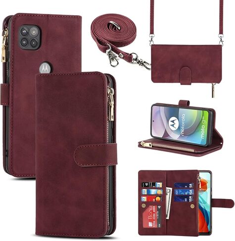 حافظة محفظة Jaorty لهاتف Motorola Moto One 5G Ace 2021 للنساء والرجال مع حامل بطاقات، حافظات هاتف Moto G 5G 2020 كروس مع حزام كتف وجيب بسحاب ومحفظة جلدية من البولي يوريثان، عنابي in Kuwait