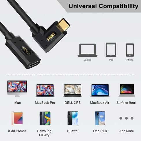 كابل تمديد Poyiccot USB C بطول 1 قدم 40 جيجابت في الثانية، كابل تمديد USB C بزاوية يمنى 240 وات، كابل تمديد Thunderbolt 4 مع فيديو 8K، سلك موسع من النوع C 90 درجة لـ Thunderbolt 4/MacBook/Phone/HUB in Saudi Arabia