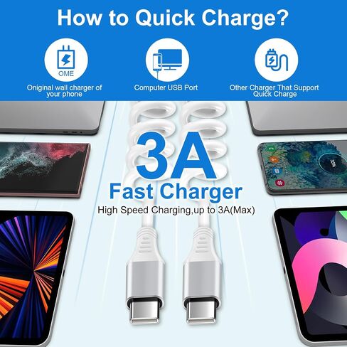 كابل شاحن iPhone 15 Pro Max بطول 3أقدام للسيارة، ملفوف USB C إلى USB C سلك شحن سريع للطاقة قصير سلك هاتف Android لهاتف Samsung Galaxy A15 A25 5G A14 A54 S24 S23 Ultra FE A13 A53، iPhone 15، Pixel 8 in Saudi Arabia