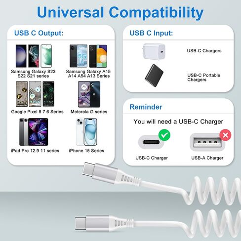 كابل شاحن iPhone 15 Pro Max بطول 3أقدام للسيارة، ملفوف USB C إلى USB C سلك شحن سريع للطاقة قصير سلك هاتف Android لهاتف Samsung Galaxy A15 A25 5G A14 A54 S24 S23 Ultra FE A13 A53، iPhone 15، Pixel 8 in Saudi Arabia