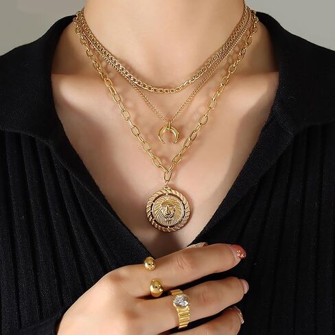 Layered Gold Necklace for Women, 14k Gold Plated, Trendy Natural Stone Moon Star Pendant Choker Necklace for Girls in Saudi Arabia