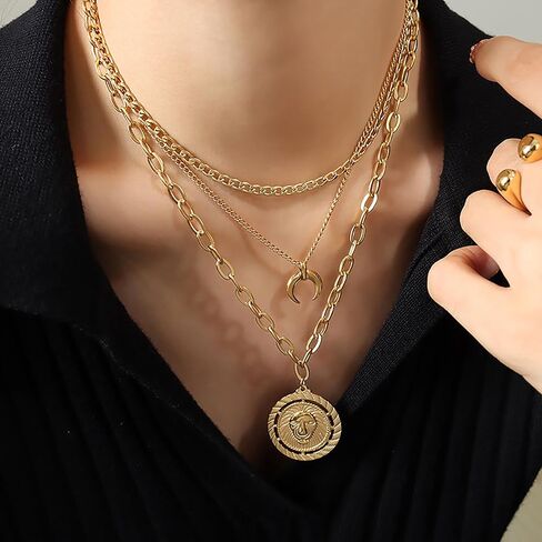 Layered Gold Necklace for Women, 14k Gold Plated, Trendy Natural Stone Moon Star Pendant Choker Necklace for Girls in Saudi Arabia