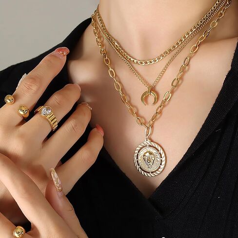 Layered Gold Necklace for Women, 14k Gold Plated, Trendy Natural Stone Moon Star Pendant Choker Necklace for Girls in Saudi Arabia
