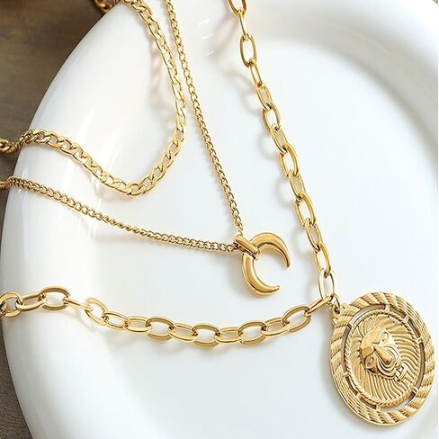 Layered Gold Necklace for Women, 14k Gold Plated, Trendy Natural Stone Moon Star Pendant Choker Necklace for Girls in Saudi Arabia