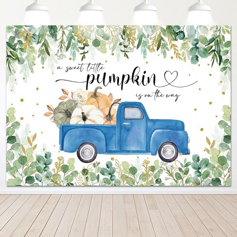 Mocsicka Little Pumpkin Baby Shower Backdrop Blue Pumpkin Truck Baby Boy Background Greenery Autumn Fall Baby Shower Party Decorations Banner Photo Studio Props (7x5ft) in Saudi Arabia