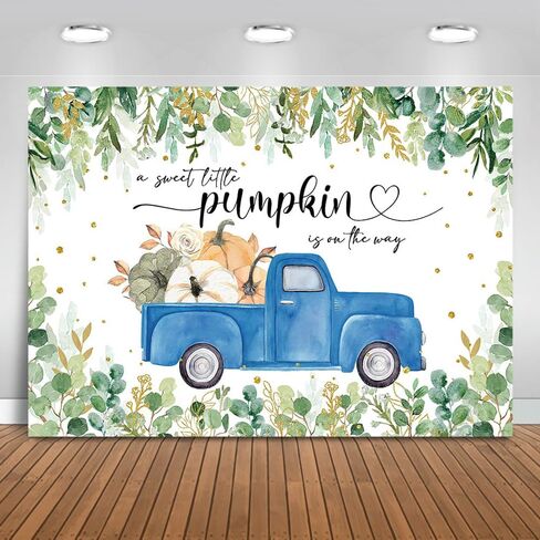 Mocsicka Little Pumpkin Baby Shower Backdrop Blue Pumpkin Truck Baby Boy Background Greenery Autumn Fall Baby Shower Party Decorations Banner Photo Studio Props (7x5ft) in Saudi Arabia