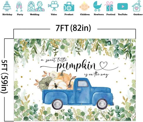 Mocsicka Little Pumpkin Baby Shower Backdrop Blue Pumpkin Truck Baby Boy Background Greenery Autumn Fall Baby Shower Party Decorations Banner Photo Studio Props (7x5ft) in Saudi Arabia