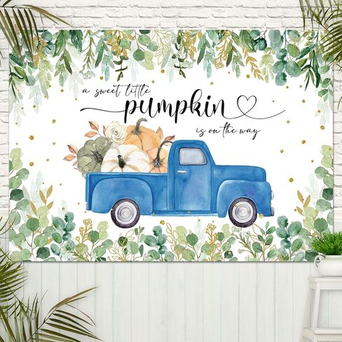 Mocsicka Little Pumpkin Baby Shower Backdrop Blue Pumpkin Truck Baby Boy Background Greenery Autumn Fall Baby Shower Party Decorations Banner Photo Studio Props (7x5ft) in Saudi Arabia