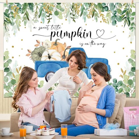 Mocsicka Little Pumpkin Baby Shower Backdrop Blue Pumpkin Truck Baby Boy Background Greenery Autumn Fall Baby Shower Party Decorations Banner Photo Studio Props (7x5ft) in Saudi Arabia