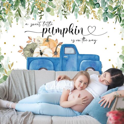 Mocsicka Little Pumpkin Baby Shower Backdrop Blue Pumpkin Truck Baby Boy Background Greenery Autumn Fall Baby Shower Party Decorations Banner Photo Studio Props (7x5ft) in Saudi Arabia