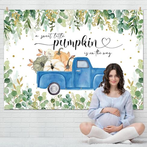 Mocsicka Little Pumpkin Baby Shower Backdrop Blue Pumpkin Truck Baby Boy Background Greenery Autumn Fall Baby Shower Party Decorations Banner Photo Studio Props (7x5ft) in Saudi Arabia