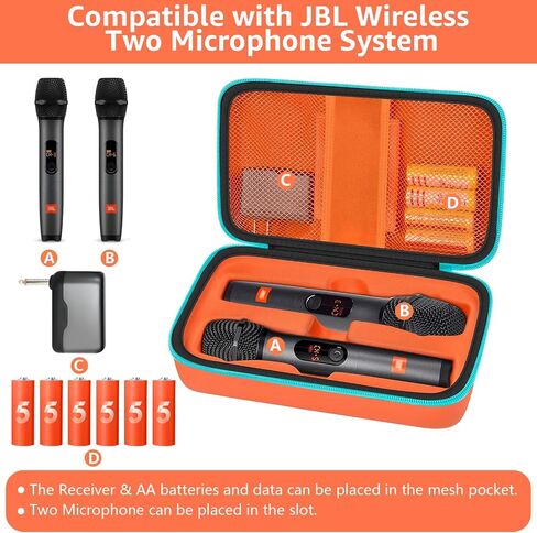 Wireless Microphone Case Compatible with JBL Wireless Two Microphone System, Portable Handheld Dual Mic Travel Storage Bag for Singing or Karaoke for Receivers, Adapters, AA Batteries - Black in Saudi Arabia