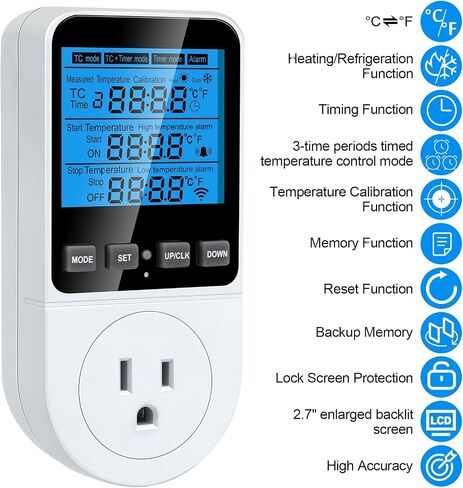 Plug in Thermostat Temperature Controller, Digital Thermostat Controlled Outlet Plug Heating Cooling Control, Temperature Controlled Outlet 5 Modes, Countdown Timer, Celsius Fahrenheit（TC819） in Saudi Arabia
