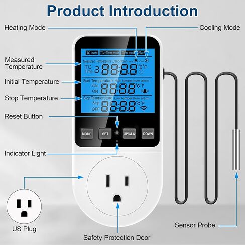 Plug in Thermostat Temperature Controller, Digital Thermostat Controlled Outlet Plug Heating Cooling Control, Temperature Controlled Outlet 5 Modes, Countdown Timer, Celsius Fahrenheit（TC819） in Saudi Arabia