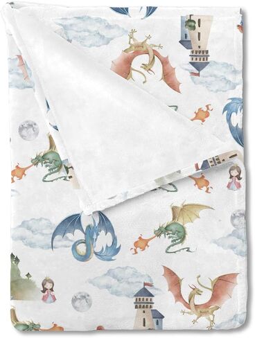Fairytale Dragons Castle Baby Blanket for Boys Girls Watercolor Dragon Princess Knight Moon Clouds Flannel Receiving Blankets Soft Swaddle Blanket Toddler Nursery Bed Crib Blanket Playmat 30x40 in Saudi Arabia