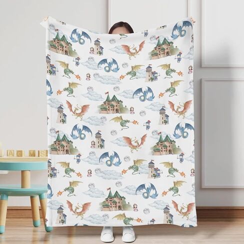 Fairytale Dragons Castle Baby Blanket for Boys Girls Watercolor Dragon Princess Knight Moon Clouds Flannel Receiving Blankets Soft Swaddle Blanket Toddler Nursery Bed Crib Blanket Playmat 30x40 in Saudi Arabia