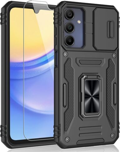 for Samsung Galaxy A15 5G Case, Shockproof Phone Case & Sliding Camera Cover & Ring Holder Kickstand with Screen Protector for Samsung Galaxy A15 5G (6.5", 2024) [Black] in Saudi Arabia