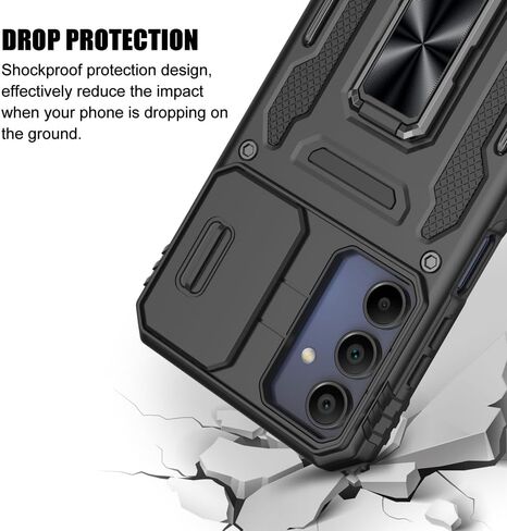 for Samsung Galaxy A15 5G Case, Shockproof Phone Case & Sliding Camera Cover & Ring Holder Kickstand with Screen Protector for Samsung Galaxy A15 5G (6.5", 2024) [Black] in Saudi Arabia