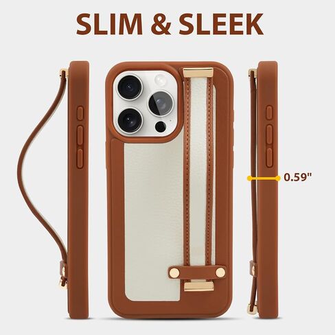 ZVE for iPhone 15 Pro Loopy Case with Hand Strap, Slim Stand iPhone Case with Adjustable Finger Grip Loop for Women Men, Luxury Leather Cover for iPhone 15 Pro, 6.1 inch- Brown in Saudi Arabia