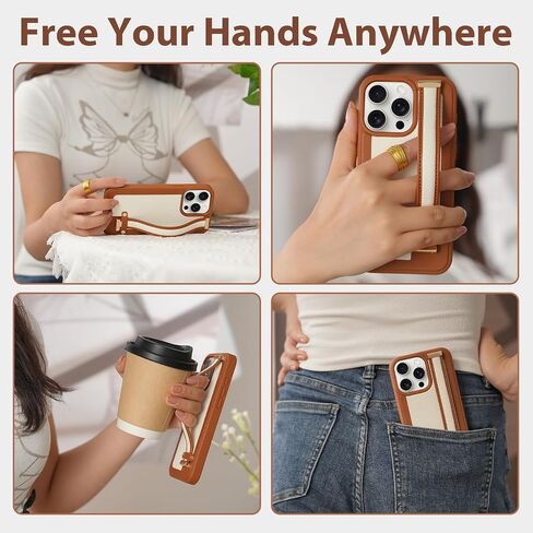 ZVE for iPhone 15 Pro Loopy Case with Hand Strap, Slim Stand iPhone Case with Adjustable Finger Grip Loop for Women Men, Luxury Leather Cover for iPhone 15 Pro, 6.1 inch- Brown in Saudi Arabia
