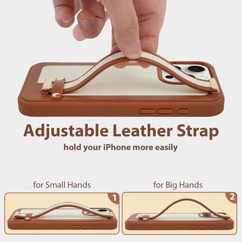 ZVE for iPhone 15 Pro Loopy Case with Hand Strap, Slim Stand iPhone Case with Adjustable Finger Grip Loop for Women Men, Luxury Leather Cover for iPhone 15 Pro, 6.1 inch- Brown in Saudi Arabia